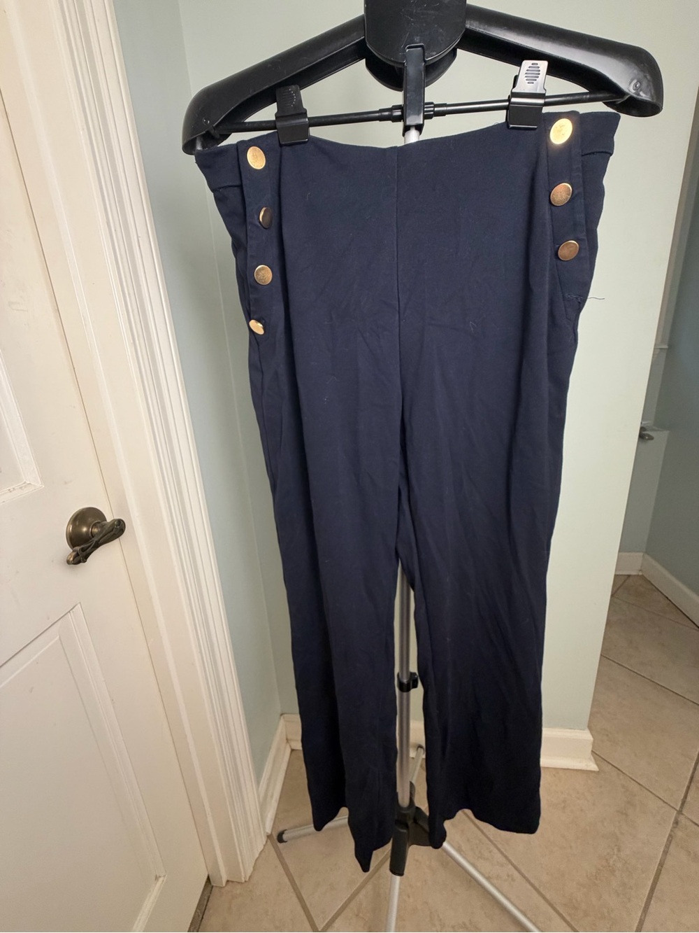 Women's Navy Button-Accent High-Waist Pants